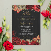 Vintage Red Roses Black Gold Lace Quinceañera