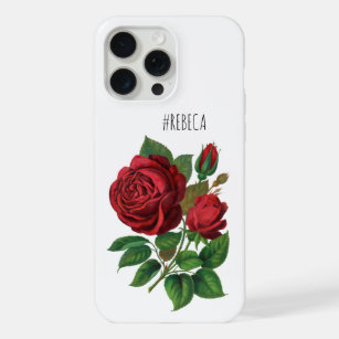 Vintage Red Roses Botanical Illustration Name Chic iPhone 15 Pro Max Case