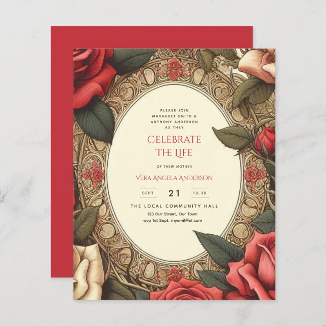 Vintage Red Roses Celebration Life Memorial Poem (Front/Back)