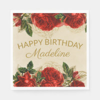 Vintage Red Roses Champagne Tan Happy Birthday