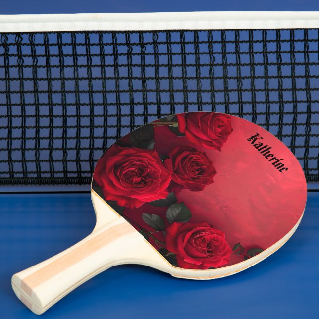 Vintage Red Roses Custom Name Ping Pong Paddle (Insitu)