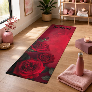 Vintage Red Roses Custom Name Yoga Mat
