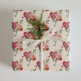 Vintage Red Roses & Key to My Heart Valentine's Wrapping Paper