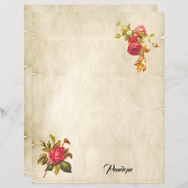 Vintage Red Roses on Parchment and Name Stationery (Front/Back)