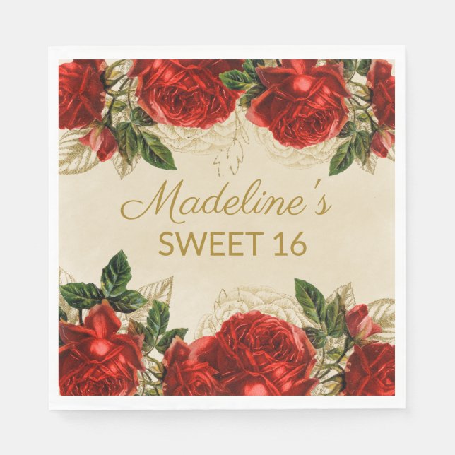 Vintage Red Roses Sweet 16 Birthday Napkin (Front)