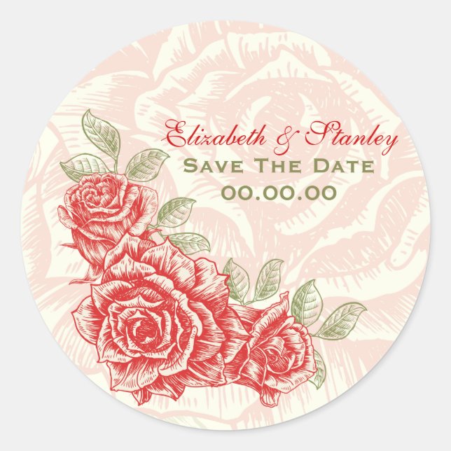 Vintage red roses wedding Save the Date sticker (Front)