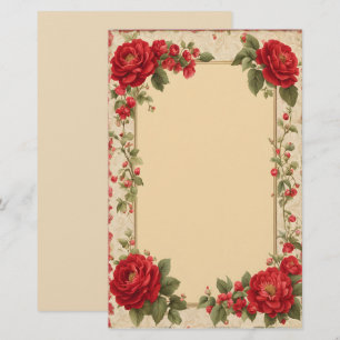 Vintage Red Roses with Gold Frame Stationery