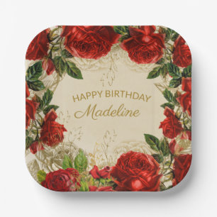 Vintage Red Roses Women's Happy Birthday  Paper  Plate
