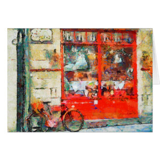 Vintage Red Shop, bicycle, colourful art card