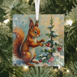 Vintage Red Squirrel Pine Tree Christmas Glass Ornament