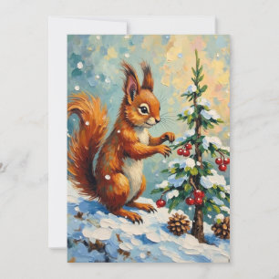 Vintage Red Squirrel Pine Tree Christmas Holiday Card