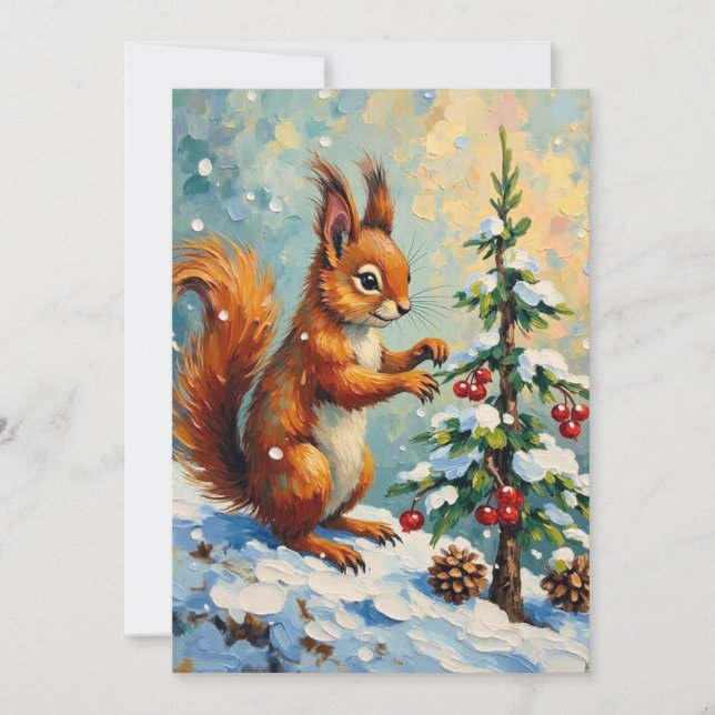 Vintage Red Squirrel Pine Tree Christmas Holiday Card (Front)