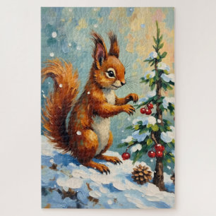 Vintage Red Squirrel Pine Tree Christmas Jigsaw Puzzle