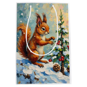 Vintage Red Squirrel Pine Tree Christmas Medium Gift Bag