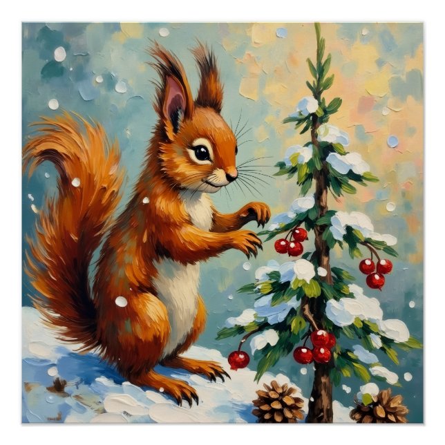 Vintage Red Squirrel Pine Tree Christmas Poster (Front)