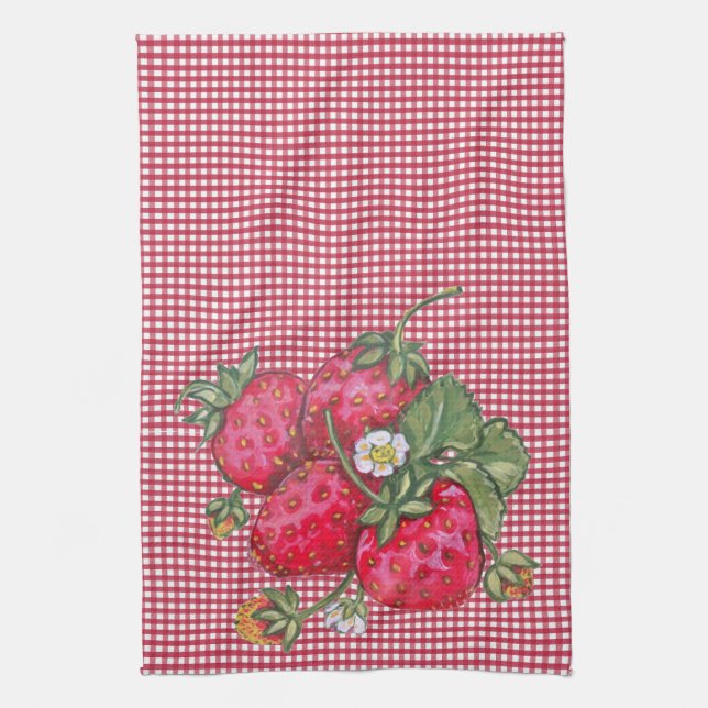 Vintage Red Strawberry Gingham Country Rustic Kitchen Towel (Vertical)