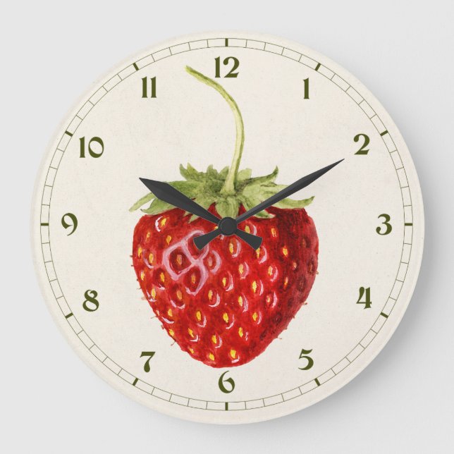 Vintage Red Strawberry Watercolor Art Large Clock (Front)
