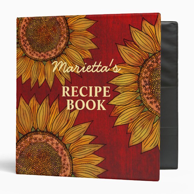 Vintage Red Sunflower Art Personalized Name Recipe Binder (Front/Inside)