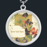 Vintage red sweet pea flowers silver necklace<br><div class="desc">Red and dark purple sweet pea flowers with green leaves vintage watercolor drawing silver necklace,  featuring a watercolor drawing of red and dark purple sweet pea flowers and a pinned note on brown and ivory background. A new approach to a vintage design.</div>