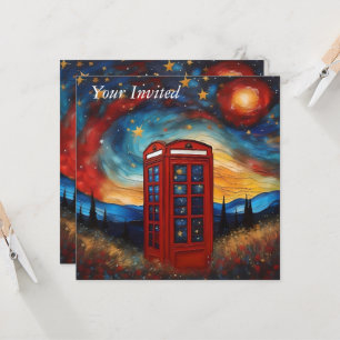 Vintage Red Telephone Box On Colorful Starry Night Invitation