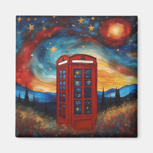 Vintage Red Telephone Box On Colorful Starry Night Magnet