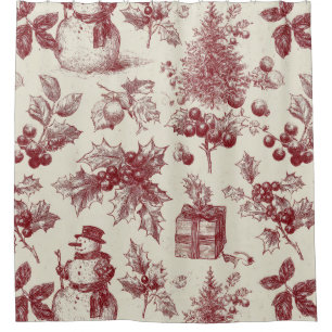 Vintage Red Toile Christmas Botanical - Holly