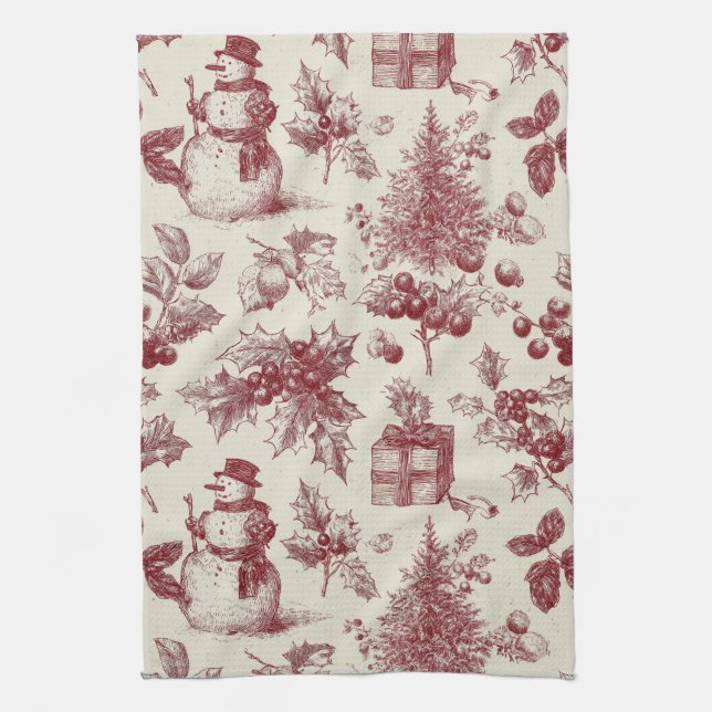 Vintage Red Toile Christmas Botanical - Holly Kitchen Towel (Vertical)