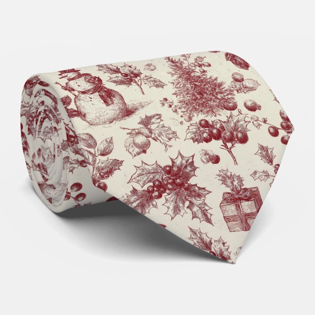 Vintage Red Toile Christmas Botanical - Holly Tie (Rolled)