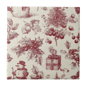 Vintage Red Toile Christmas Botanical - Holly Tile