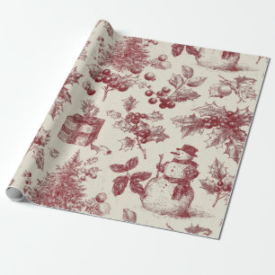 Vintage Red Toile Christmas Botanical - Holly Wrapping Paper