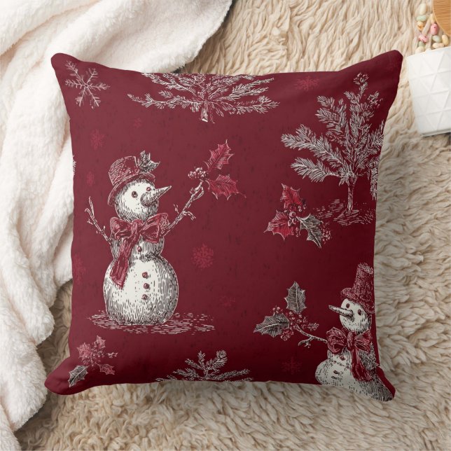 Vintage Red Toile Christmas Botanical - Snowman Throw Pillow (Blanket)