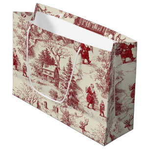 Vintage Red Toile Christmas Village - Santa Large Gift Bag