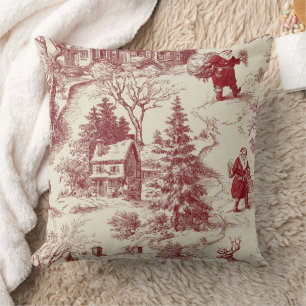 Vintage Red Toile Christmas Village - Santa Throw Pillow