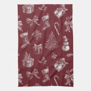 Vintage Red Toile Christmas with Stockings (2) Kitchen Towel