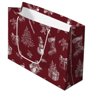 Vintage Red Toile Christmas with Stockings (2) Large Gift Bag