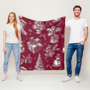 Vintage Red Toile Christmas with Stockings Fleece Blanket