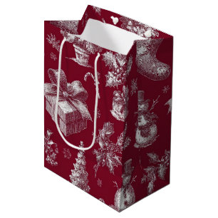 Vintage Red Toile Christmas with Stockings Medium Gift Bag