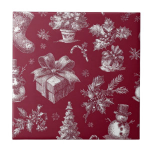 Vintage Red Toile Christmas with Stockings Tile