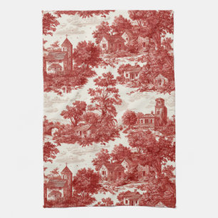 Vintage Red Toile Landscape Nature Pattern Kitchen Towel