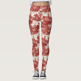 Vintage Red Toile Landscape Nature Pattern Leggings