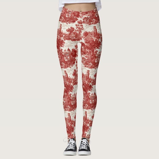 Vintage Red Toile Landscape Nature Pattern Leggings (Front)