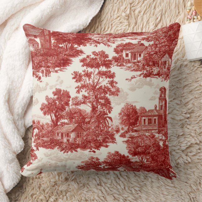 Vintage Red Toile Landscape Nature Pattern Throw Pillow (Blanket)