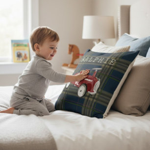 Vintage Red Toy Car Plaid Nursery Name Throw Throw Pillow