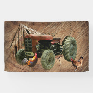 Vintage Red Tractor Barn Rooster Hen Banner