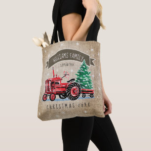 Vintage Red Tractor Christmas Tree Burlap Name Tote Bag