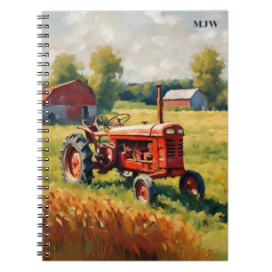 Vintage Red Tractor Farm Retro Rustic Monogrammed Notebook