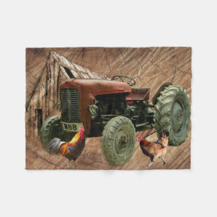Vintage Red Tractor Rooster Hen Rustic Barn Shed Fleece Blanket