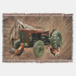 Vintage Red Tractor Rustic Barn Shed Hen Rooster Throw Blanket
