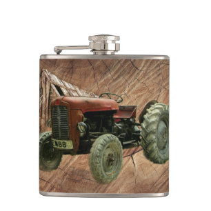 Vintage Red Tractor Rustic Barn Shed Hip Flask