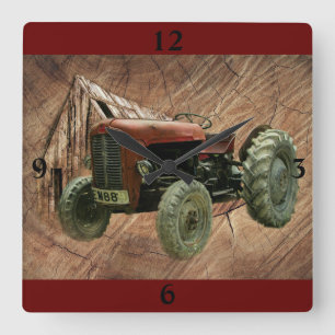 Vintage Red Tractor Rustic Barn Shed Square Wall Clock